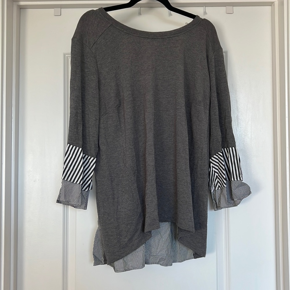 2X Grey Sweater with Peek-a-Boo White and Grey Striped Detail